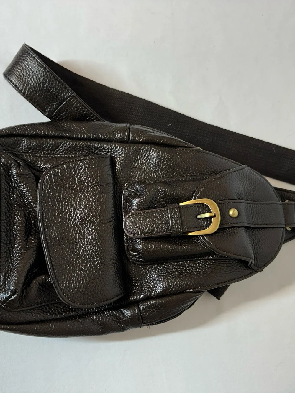 Black Leather Messenger Sling Bag with Gold Buckle